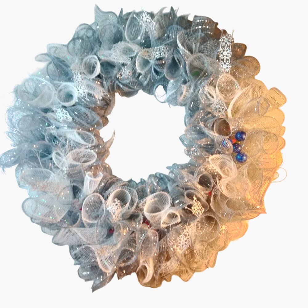 Holiday Wreath Silver Mesh Blue White Snowflake Blue Ornaments Frozen Decor
